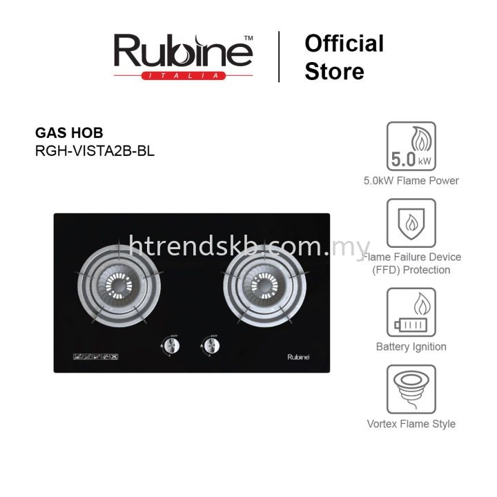 Rubine 2 Burner Build In Gas Hob (Glass) RGH-VISTA2B-BL