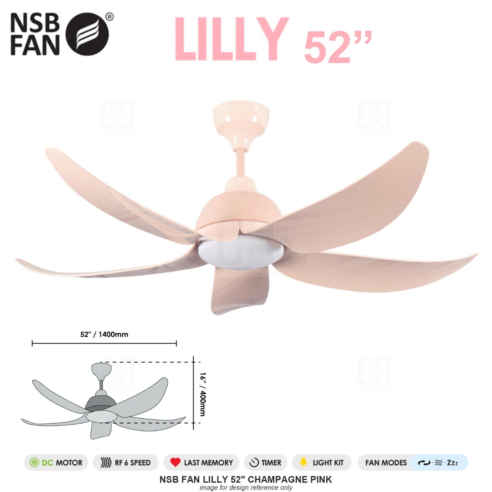 NSB FAN LILLY 52" CHAMPAGNE PINK