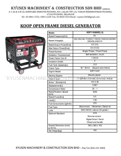 Koop Open Frame Diesel Generator KDF11000XE 