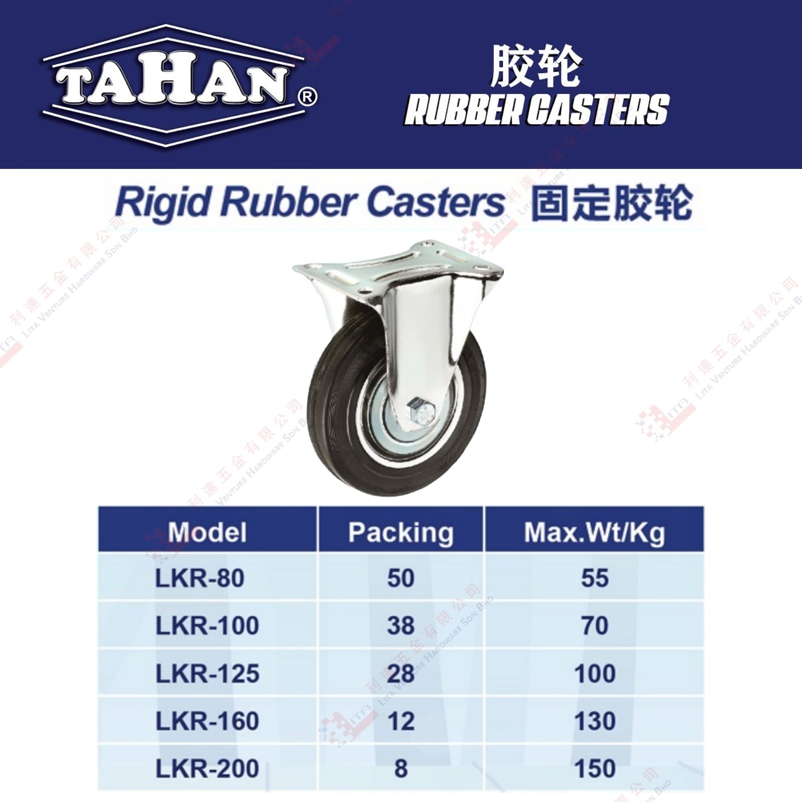 TAHAN BRAND RIGID RUBBER CASTERS - LRK80 LRK100 LRK125 LRK160 LRK200