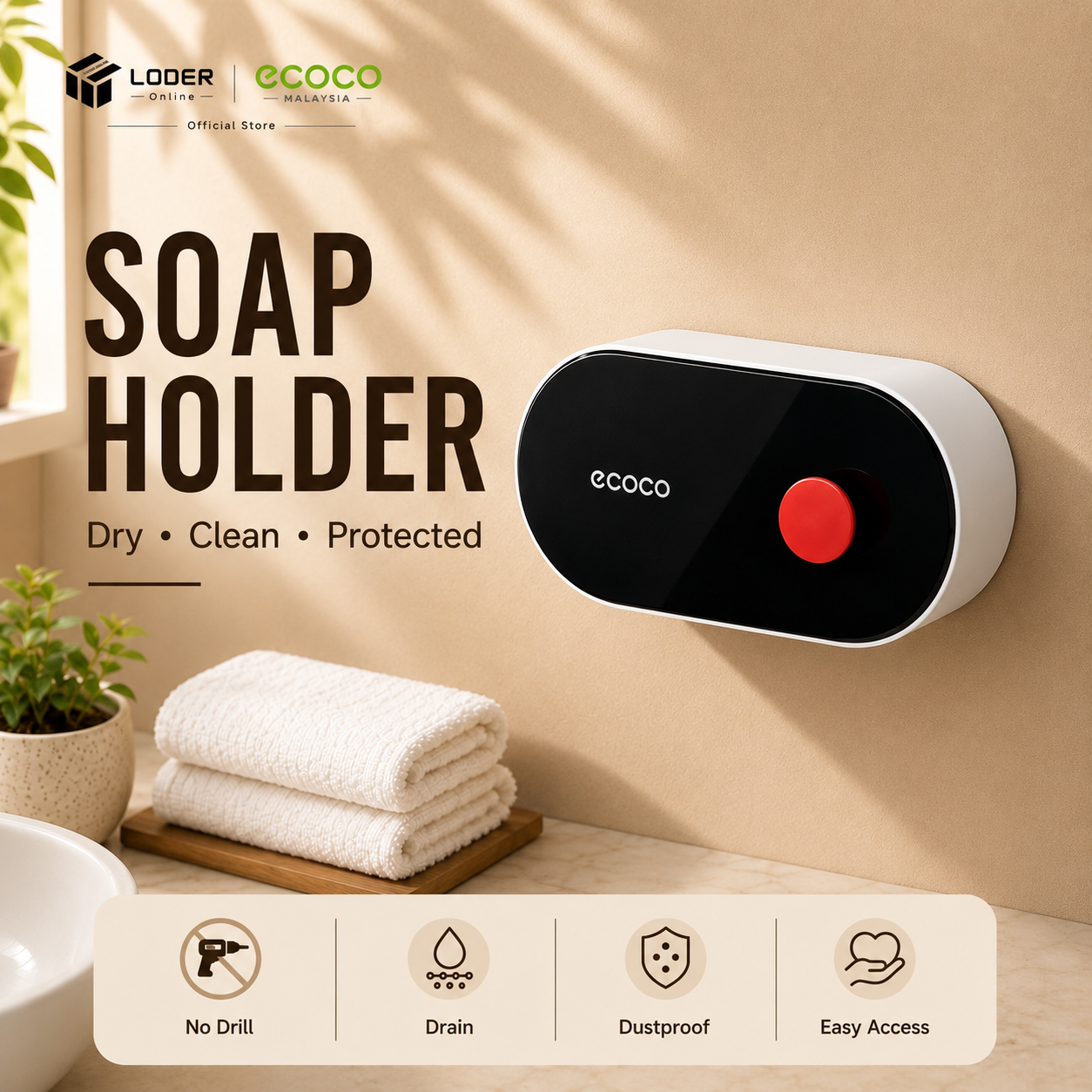 LODER ECOCO Soap Holder Wall Mounted Soap Dish Self Draining No Drill Bathroom Organizer Soap Tray