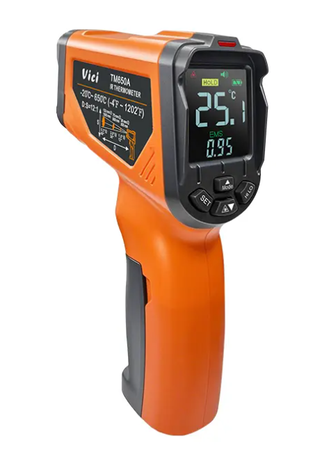 Vici TM650A Max 650℃ Infrared thermometer, 12:1 D:S, Adjustable 0.1 to 1.0 emissivity, High/Low temperature alarm function, Max/Min/Average/Difference.