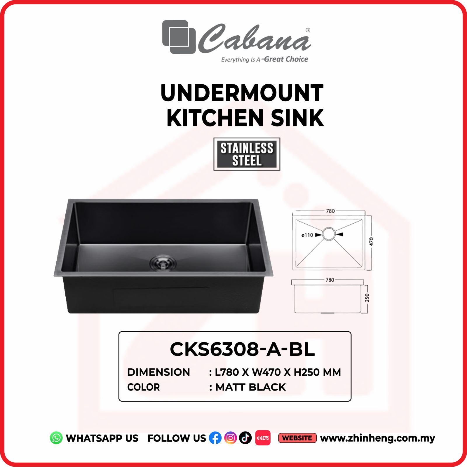 CABANA UNDERMOUNT KITCHEN SINK CKS6308-A-BL