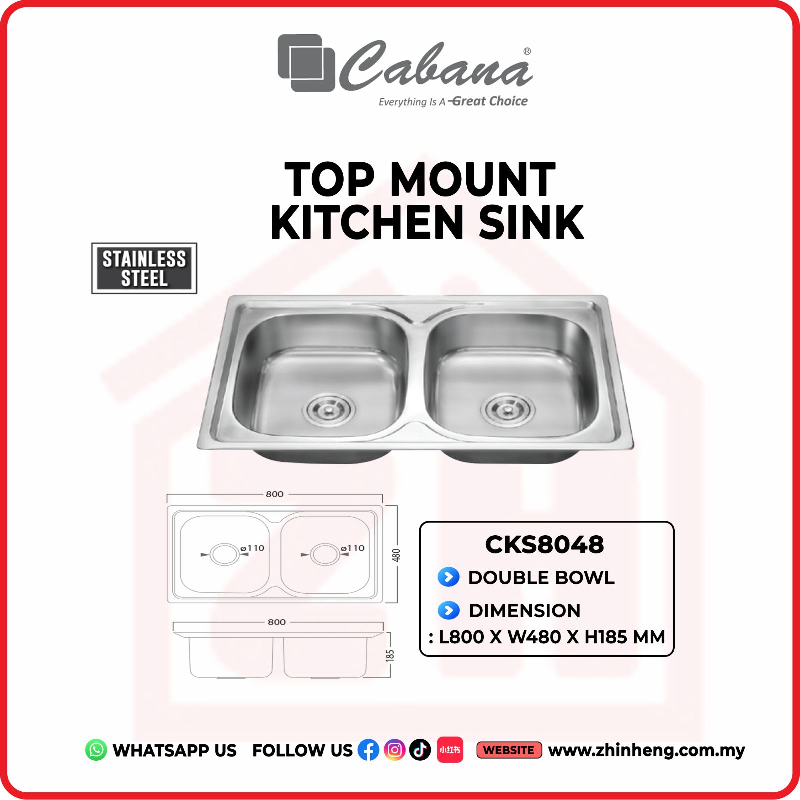 CABANA TOP MOUNT KITCHEN SINK DOUBLE BOWL CKS8048