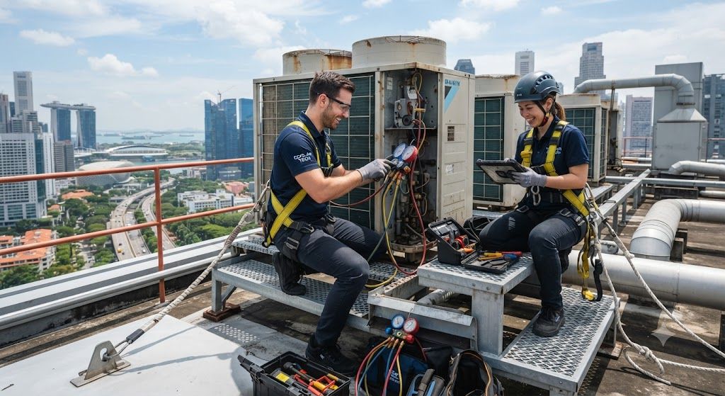 safe air conditioning servicing at elevated locations