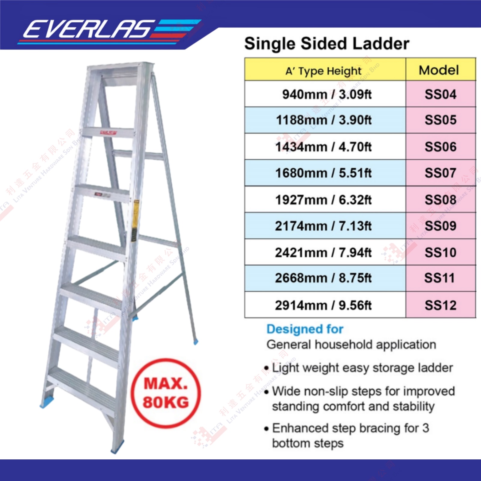 EVERLAST BRAND SINGLE SIDED LADDER - SS04 SS05 SS06 SS07 SS08 SS09 SS10 SS11 SS12
