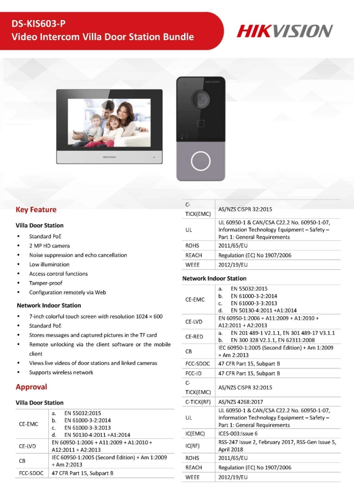 HIKVISION IP Video Intercom Kit / Network Indoor Station for Villa (DS-KIS603-P)
