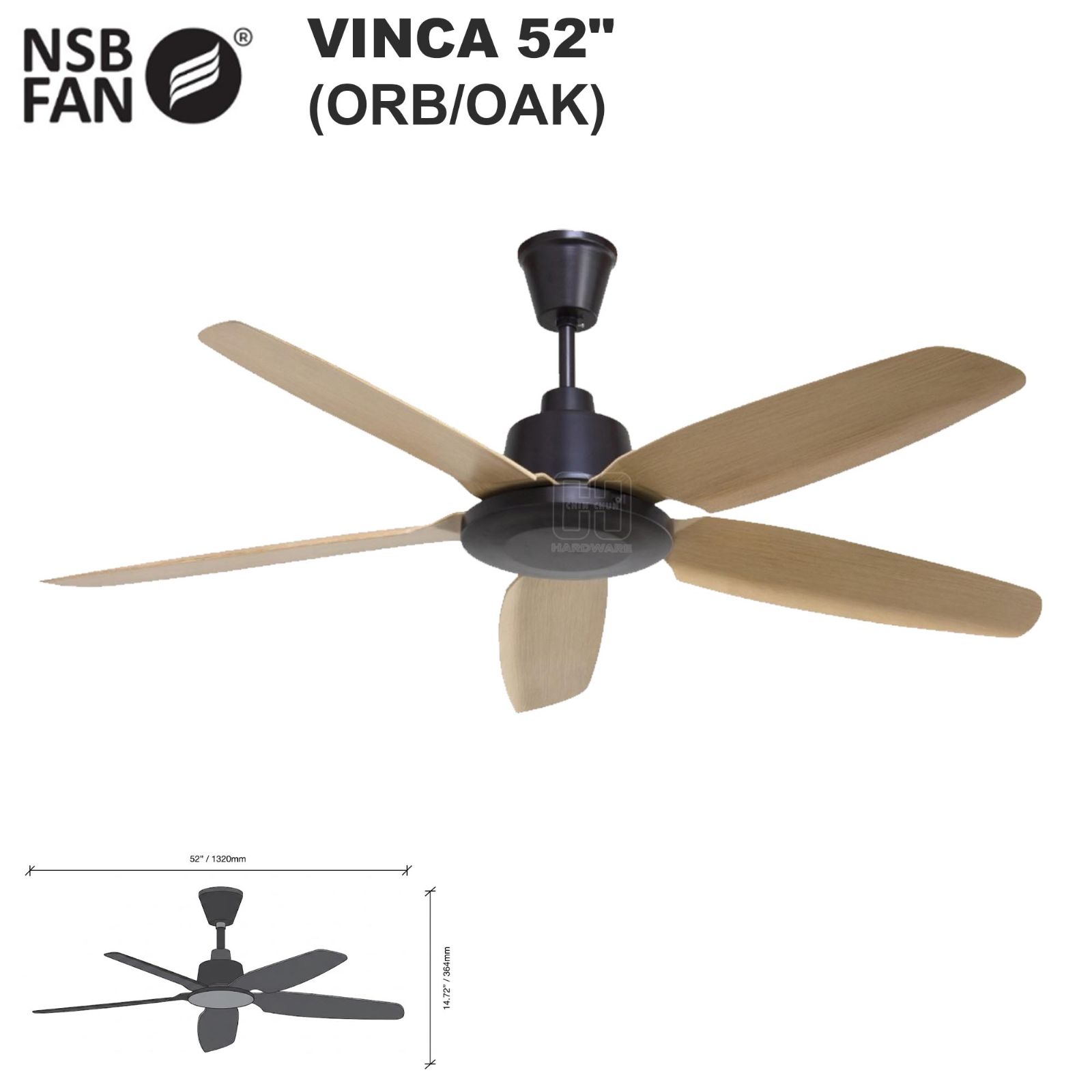 NSB VINCA CEILING FAN DC 52" ORB/OAK