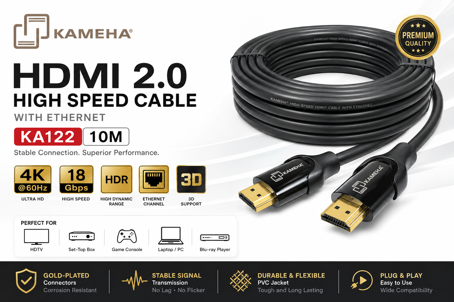 KAMEHA KA122 Kabel HDMI 2.0 10M 4K 60Hz High Speed HDMI dengan Ethernet Penyambung Bersadur Emas