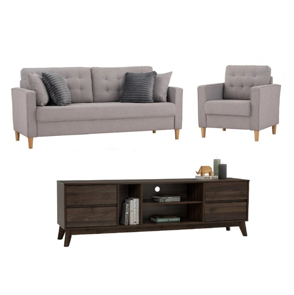 [Bundle Deal] Salvia 3 + 1 Seater Sofa (Grey) + Hirado TV Console (Walnut)