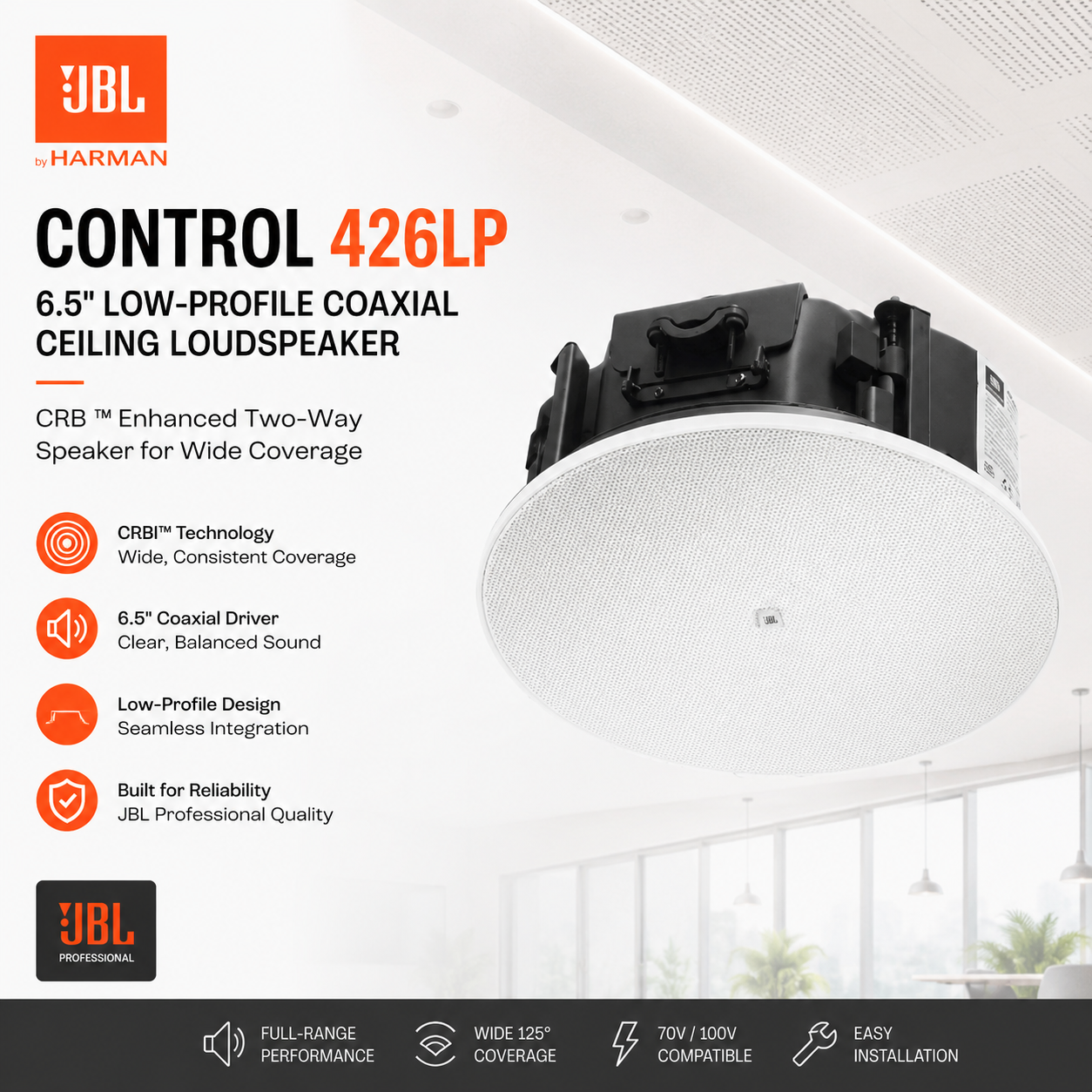 JBL Control 426LP 6.5" Low-Profile Coaxial Ceiling Loudspeaker – CRBI™ Enhanced Two-Way Speaker for Wide Coverage