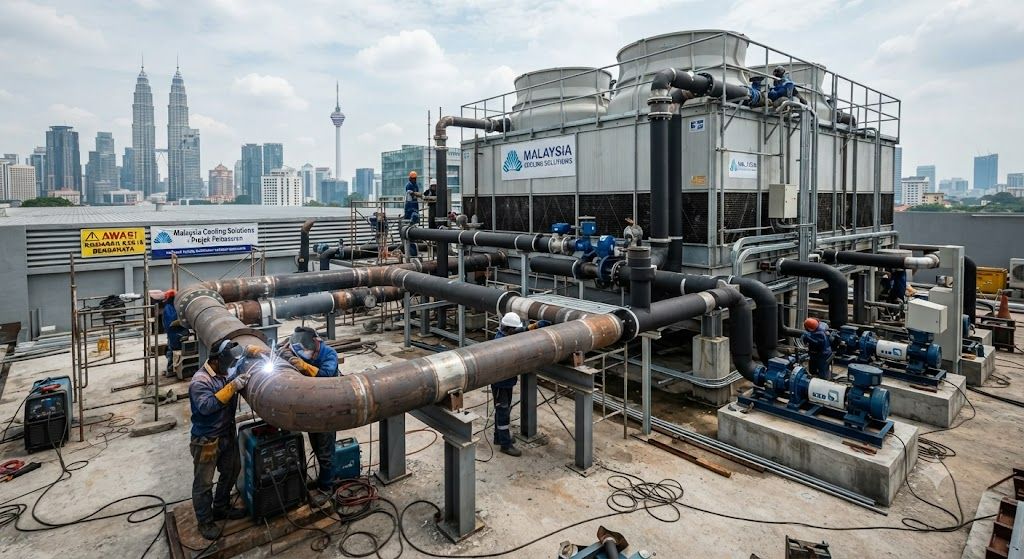 Chiller pipework and cooling tower installation