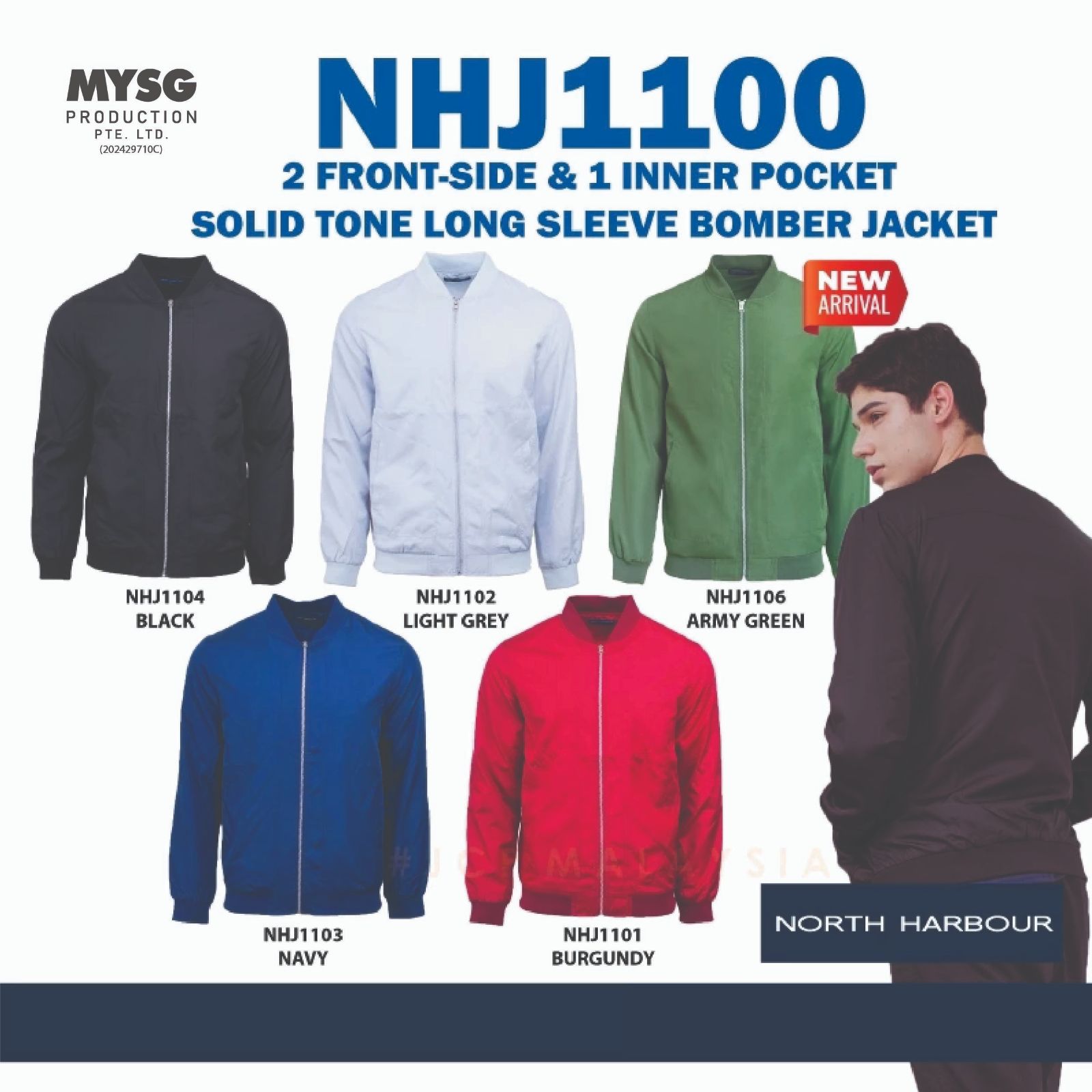 North Harbour Unisex Polyester Solid Tone LS Bomber Jacket - Black / Burgundy / Navy / Light Grey / Army Green NHJ1100