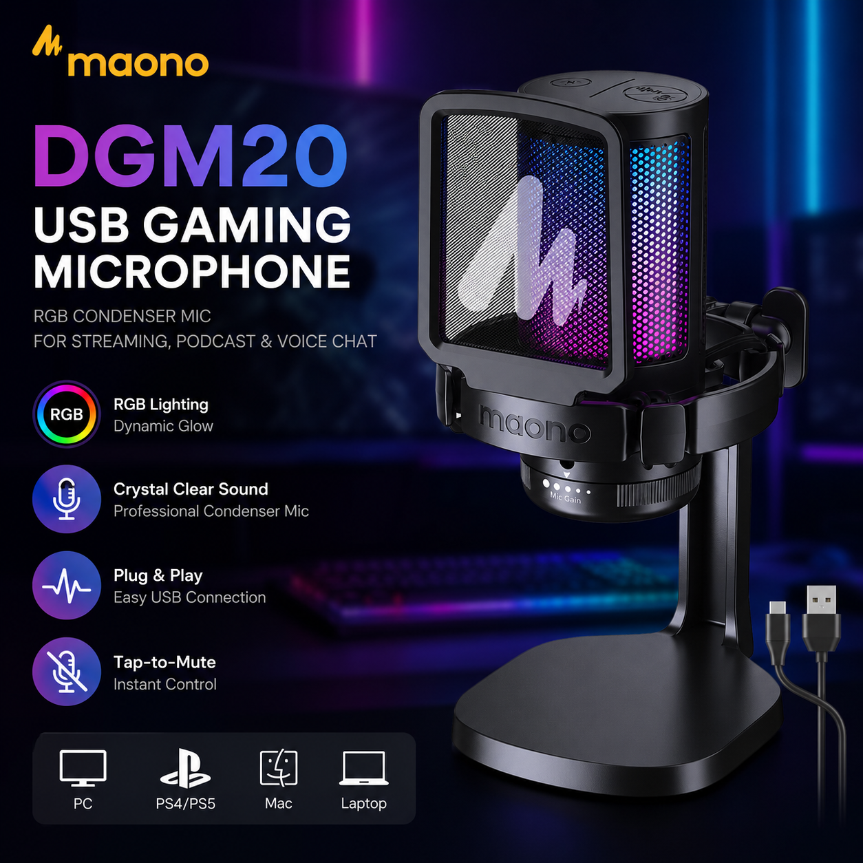 Maono DGM20 Mikrofon Permainan USB Hitam – Mikrofon Kondensor RGB untuk Streaming, Podcast & Sembang Suara
