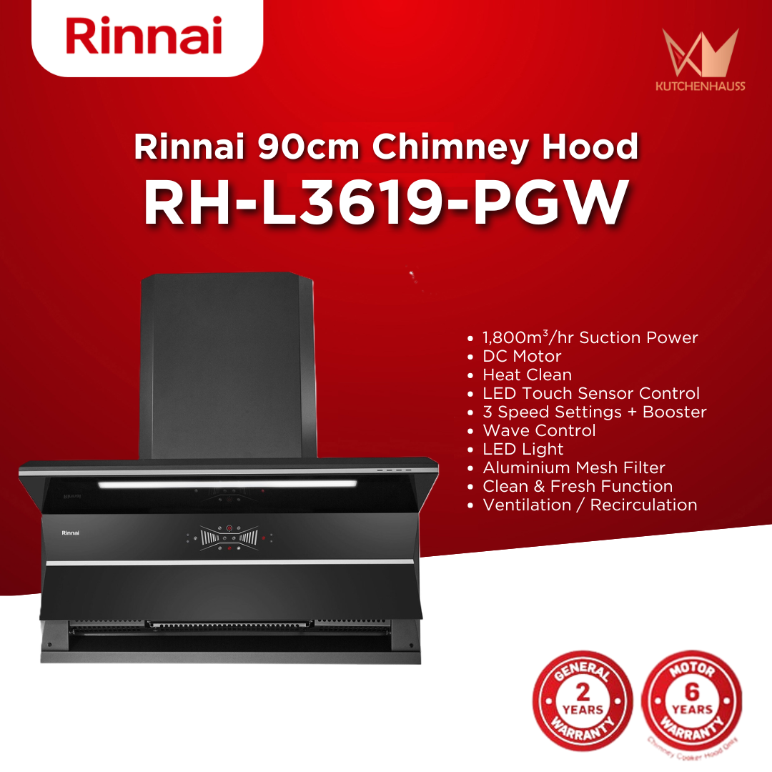 RINNAI - 90cm L Shaped Cooker Hood | RH-L3619-PGW