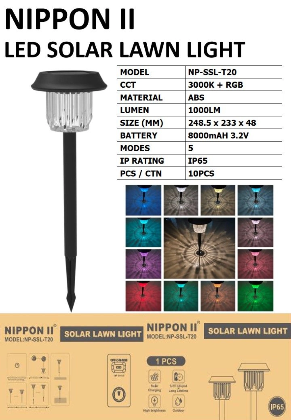 NIPPON II LED Solar Lawn Light NP-SSL-T20 – 5 Modes RGB + Warm White ...