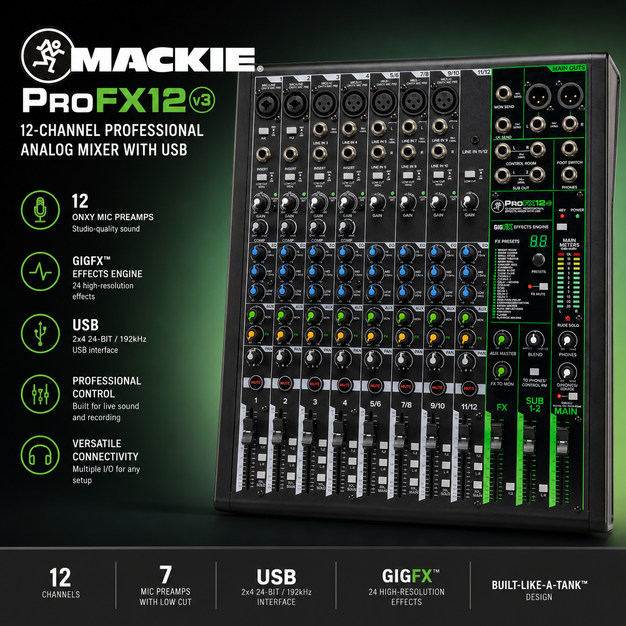 Mackie ProFX12v3 Pengadun Analog Profesional USB 12 Saluran