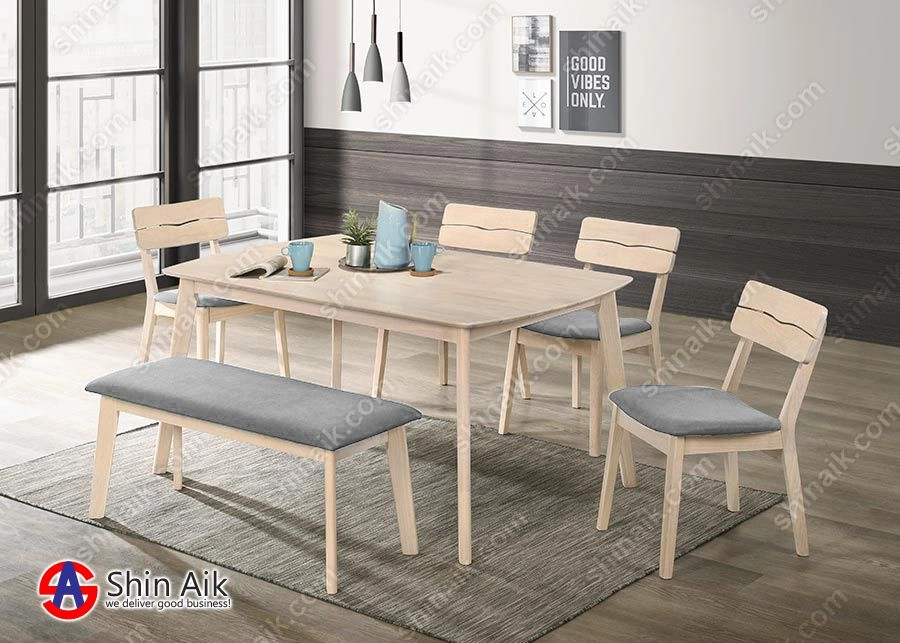 DC2222(KD) (6pax) Whitewash & Grey Mid-Century Fabric Seat Wooden Dining Set