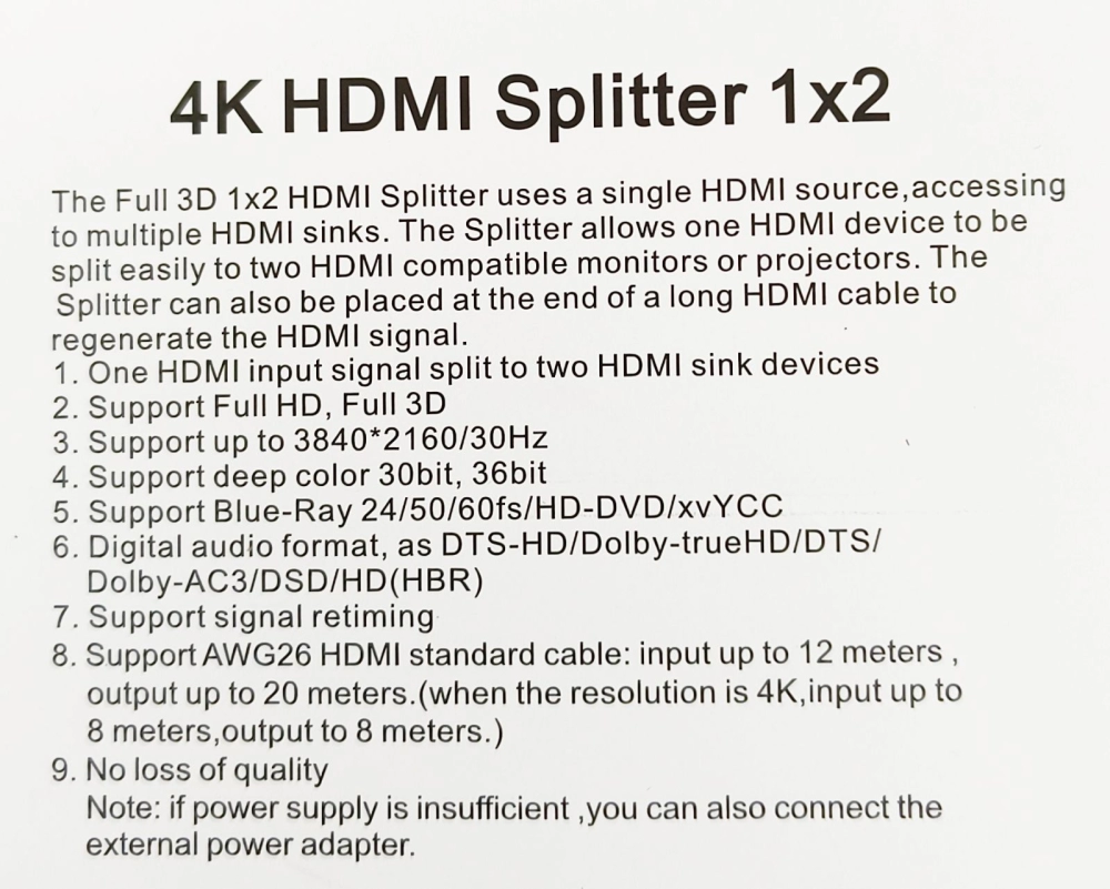 4K HDMI Splitter 1 In 2 Out - Full HD / 3D 4K for Monitor / Projector / TV / Laptop / DVR / NVR (Screen Duplicate Splitter)