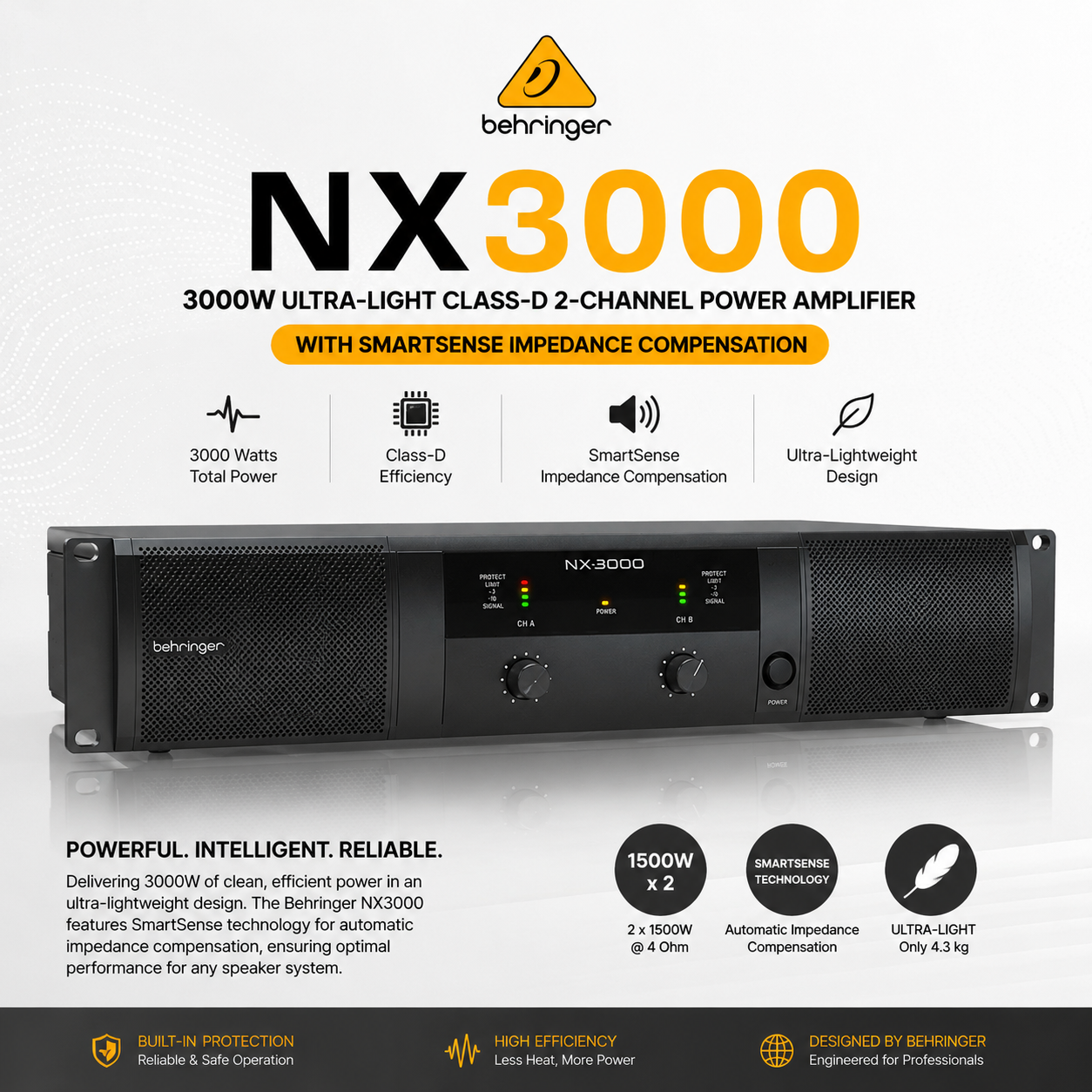 Behringer NX3000 – 超轻型3000W Class-D双通道功率放大器，搭载SmartSense阻抗补偿技术