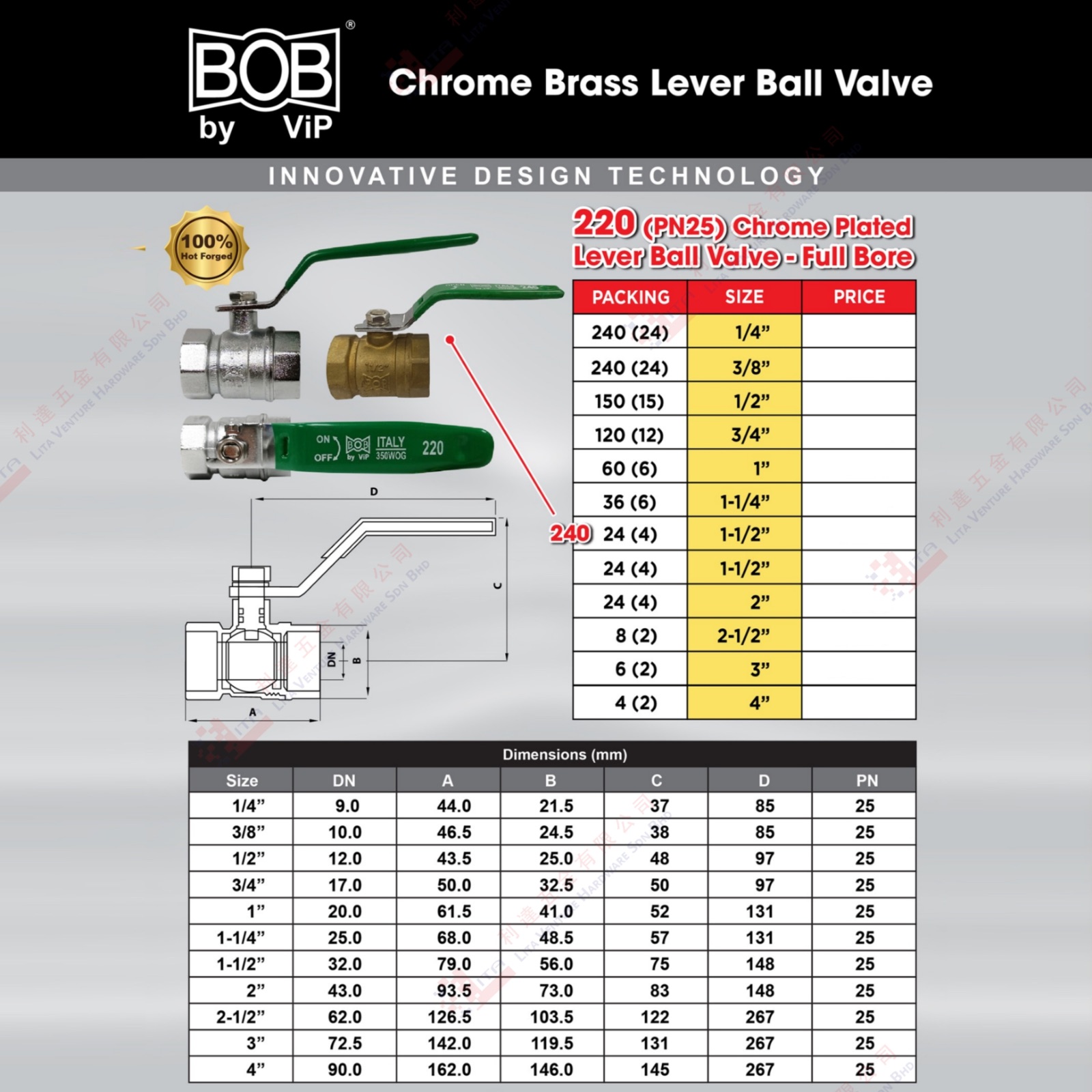 BOB BRAND CHROME LEVER BALL VALVE - 220