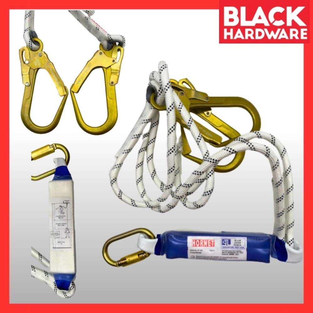 Black Hardware HORNET Safety Harness Full Body Harness Double Lanyard Scaffolding Belt Sirim Protection Hook Hardness D Hook Big Size Industrial Back Waist Support Belt Scaffolding Outdoorlanyard