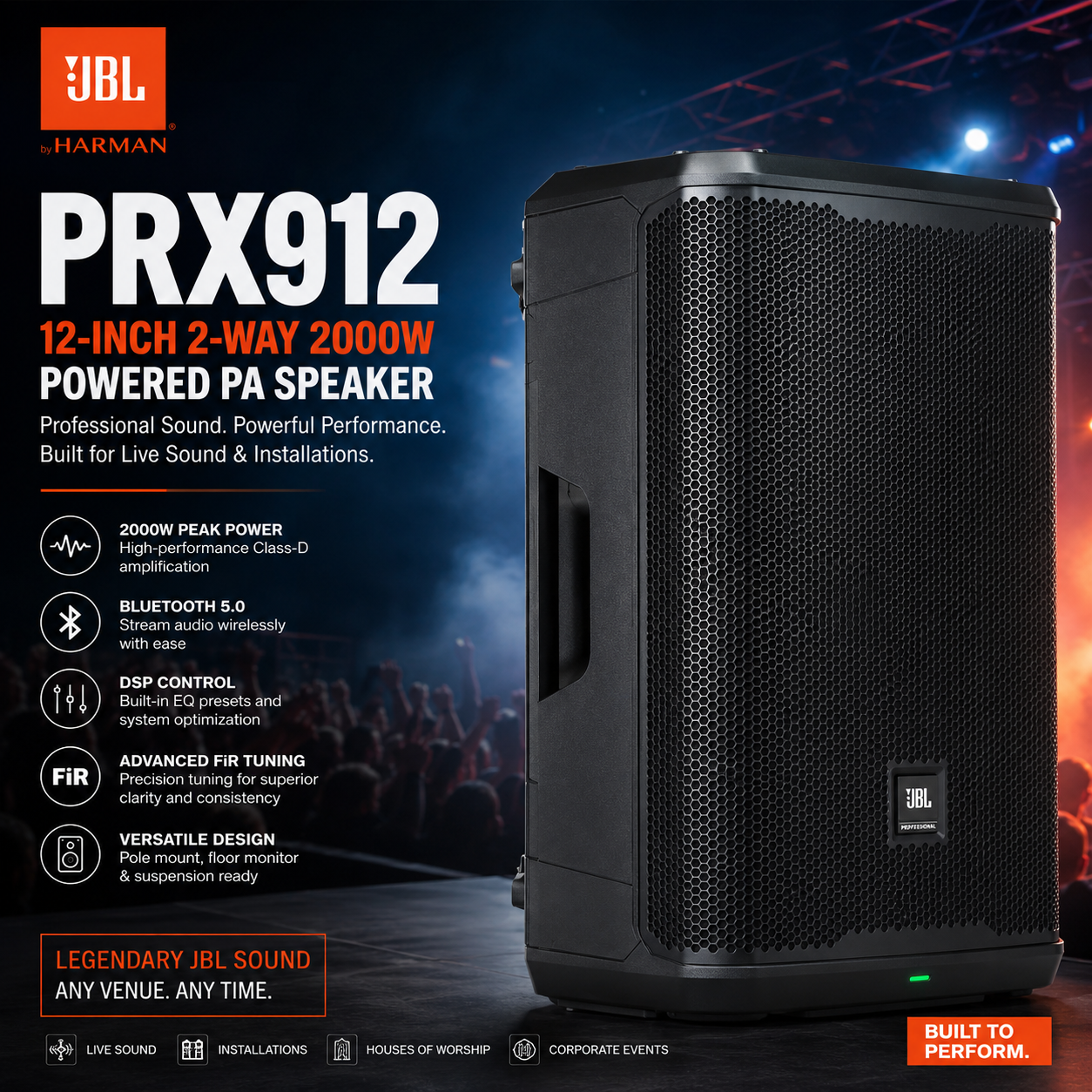 JBL PRX912 – 12-Inch 2-Way 2000W Powered PA Speaker with Bluetooth Audio Streaming, DSP Control & FiR Tuning for Live Sound and Installations