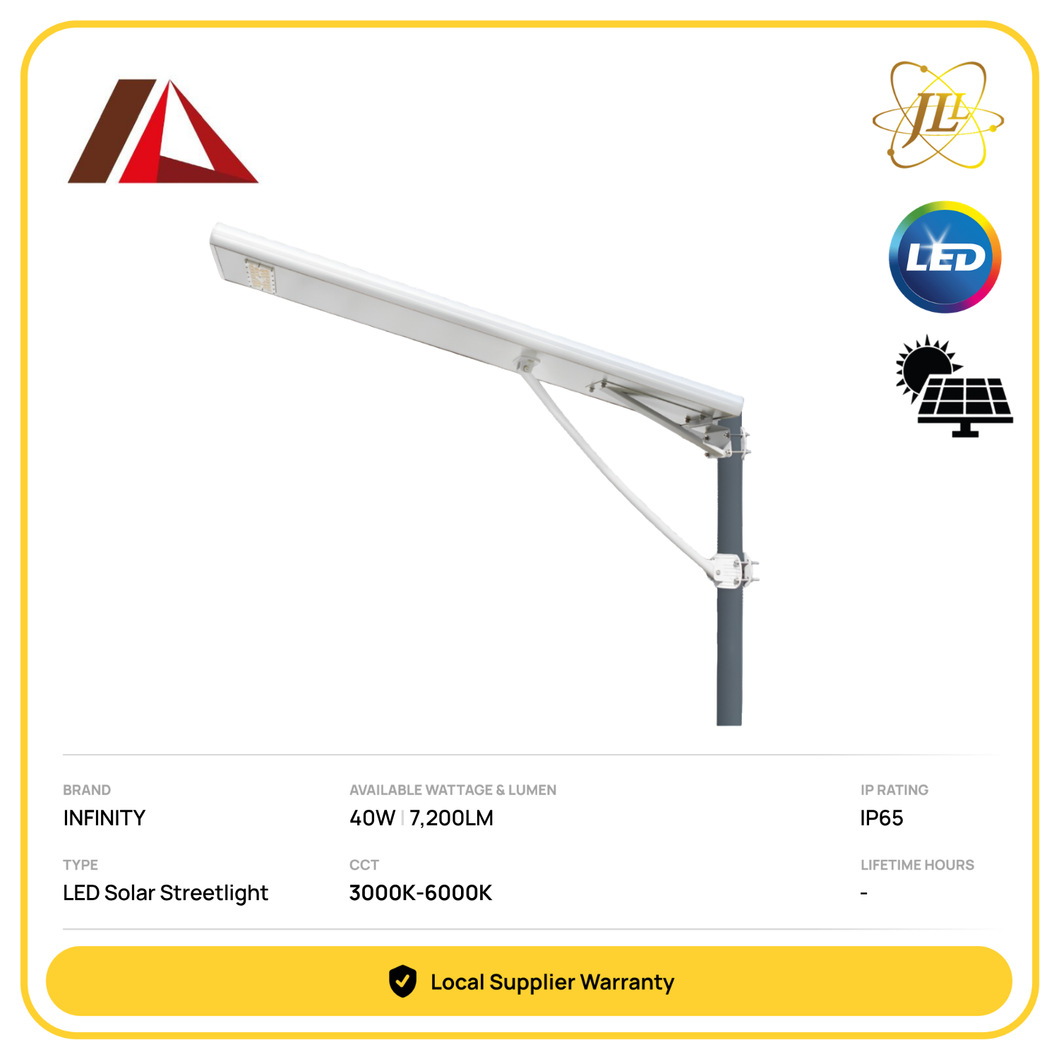 INFINITY INF-SSL-40W JKR EMAL SPEC ALL IN ONE SOLAR LED STREETLIGHT 7200LM 3000K-6000K IP65