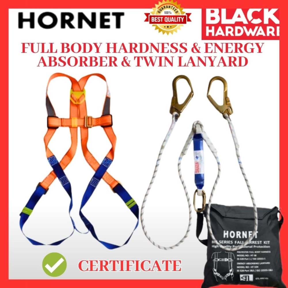 Black Hardware HORNET Safety Harness Full Body Harness Double Lanyard Scaffolding Belt Sirim Protection Hook Hardness D Hook Big Size Industrial Back Waist Support Belt Scaffolding Outdoorlanyard