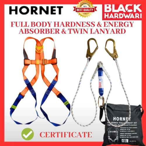 Black Hardware HORNET Safety Harness Full Body Harness Double Lanyard Scaffolding Belt Sirim Protection Hook Hardness D Hook Big Size Industrial Back Waist Support Belt Scaffolding Outdoorlanyard