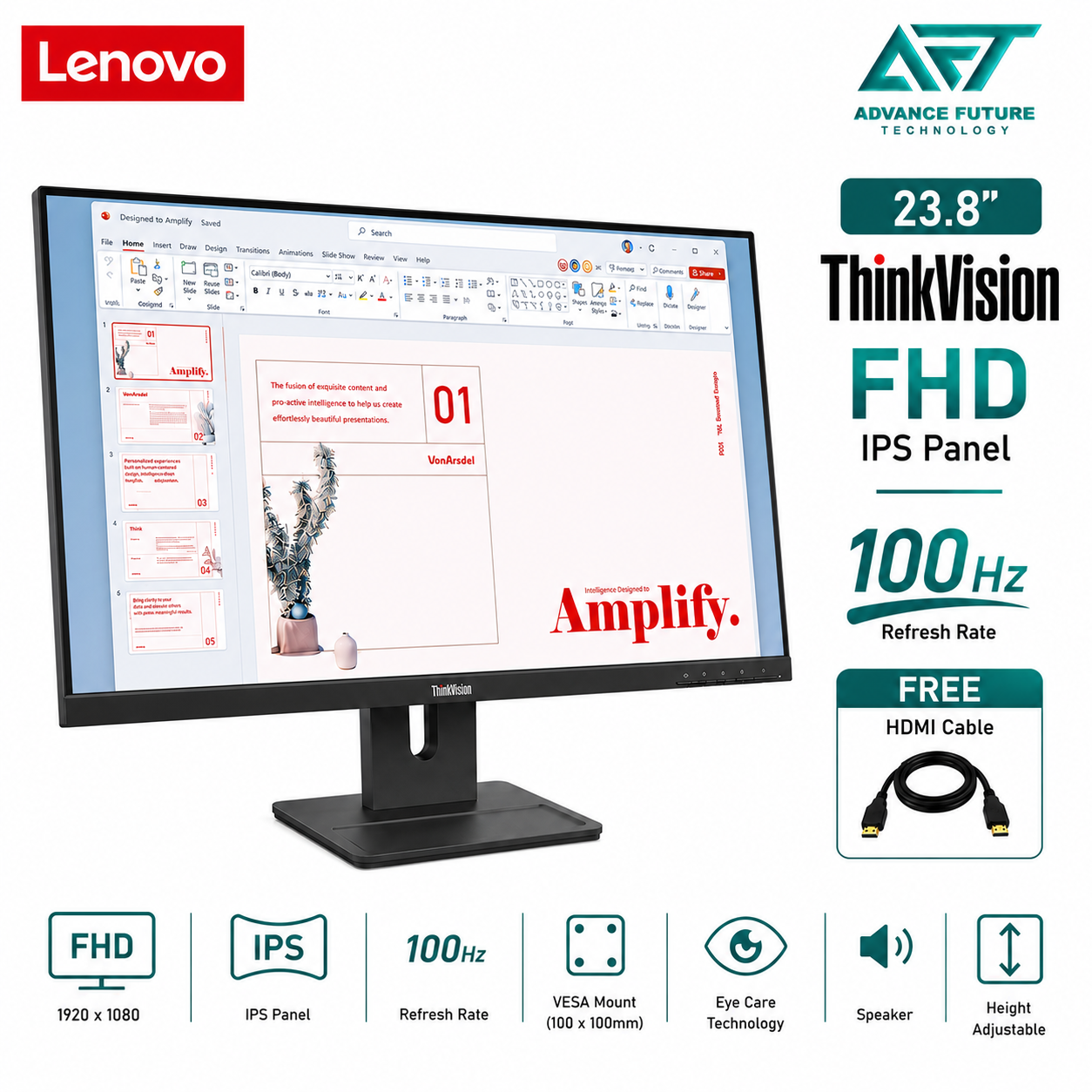 Lenovo ThinkVision E24-40 64BAMAR1MY 23.8'' FHD IPS 100Hz Flat Monitor ( Speaker, HDMI, DP, VGA, 3 Years Warranty )