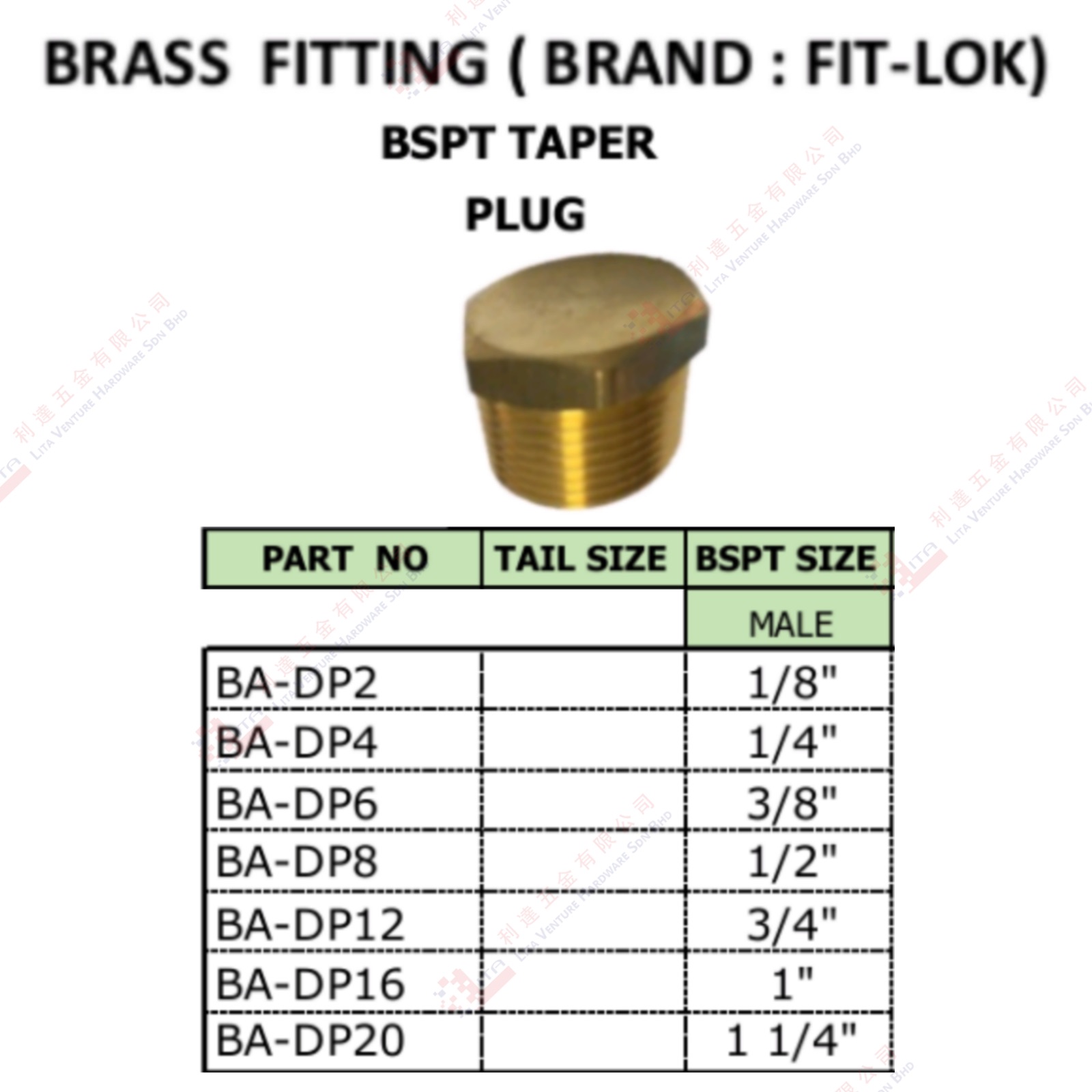 BRASS  FITTING BSPT TAPER PLUG - BADP2 BADO4 BADP6 BADP8 BADP12 BADP16 BADP20