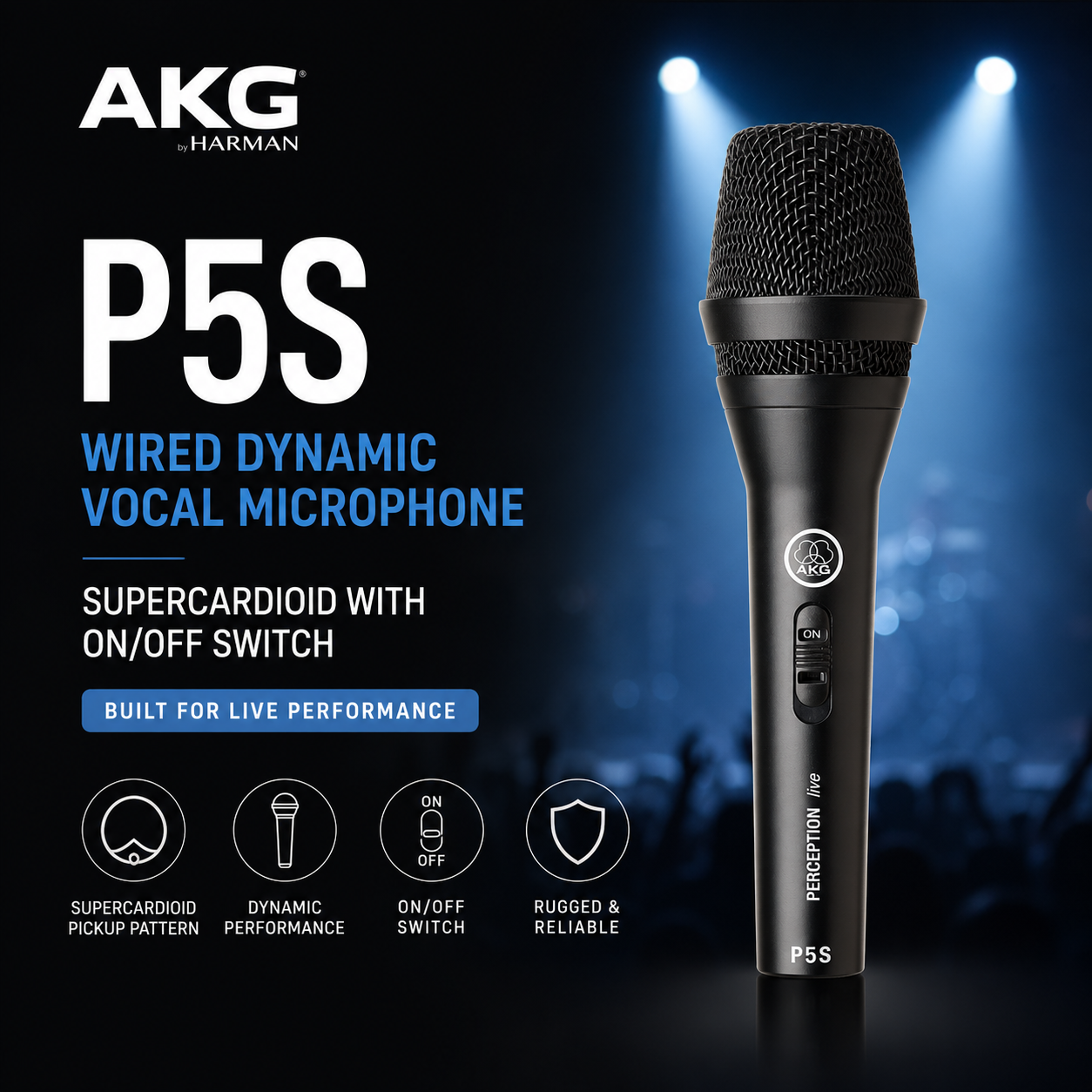 AKG P5S Mikrofon Dinamik Vokal Berwayar – Supercardioid dengan Suis Hidup/Mati untuk Persembahan