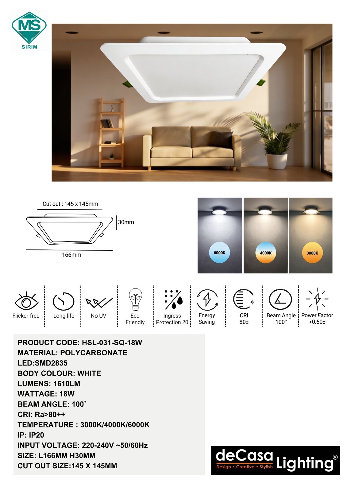 LED RECESSED DOWNLIGHT( HSL-031-SQ-18W)
