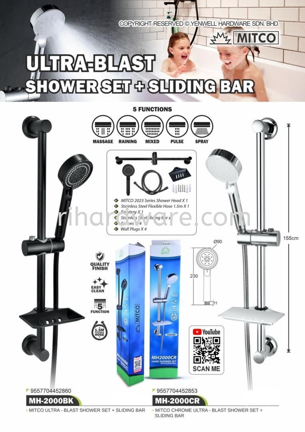 MITCO ULTRA BLAST SHOWER SET+SLIDING BAR MH-2000BK/MH-2000CR