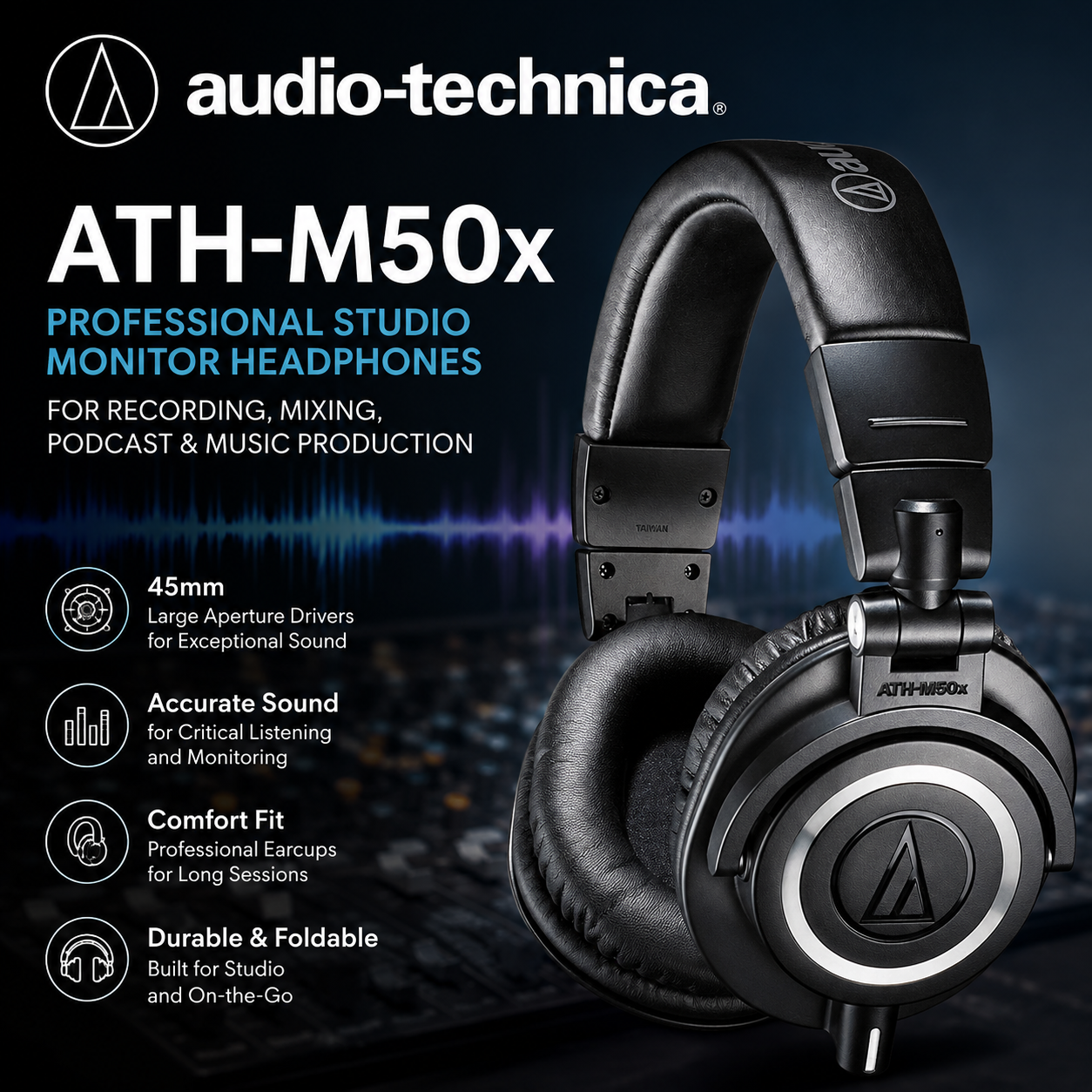 Audio-Technica ATH-M50X 专业录音室监听耳机｜混音、录音、播客与音乐制作耳机