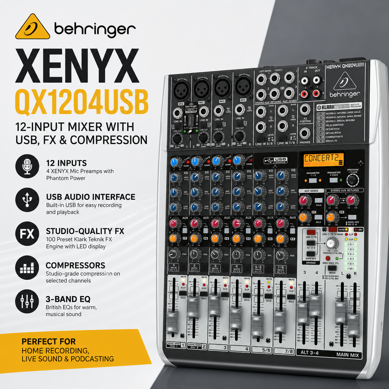 Behringer XENYX QX1204USB – Pengadun 12-Input dengan USB, Kesan & Pemampat