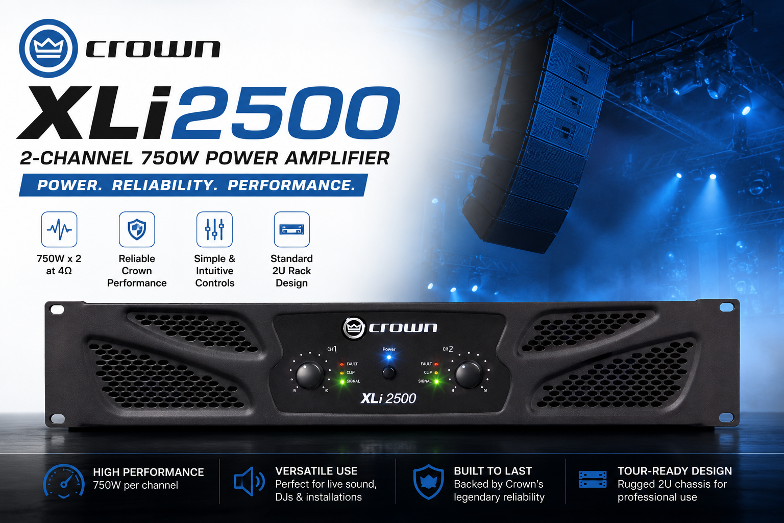 Crown XLi2500 – 2-Channel 750W Professional Power Amplifier for Live Sound, DJs & Installed Audio Systems