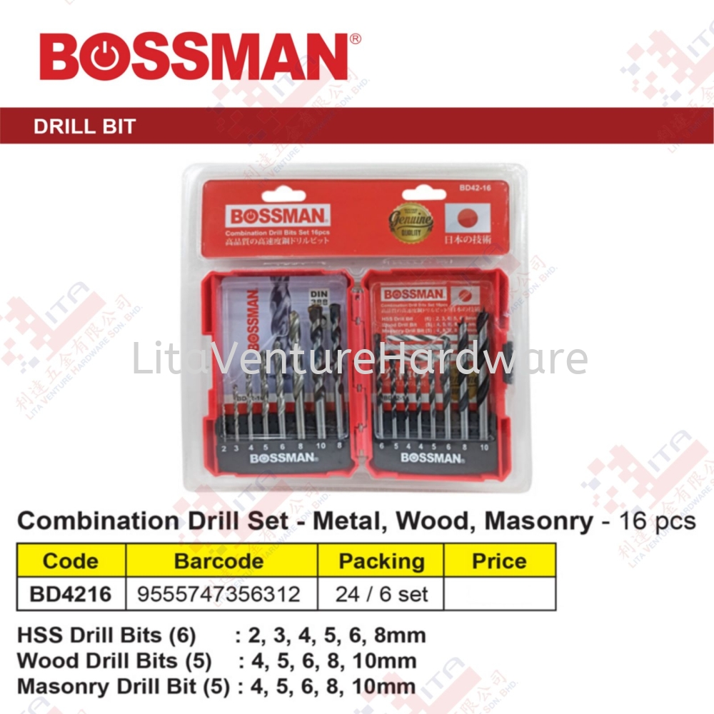 BOSSMAN BRAND COMBINATION DRILL SET - BD4216