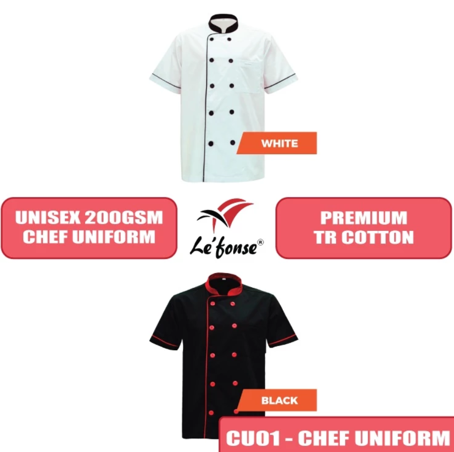 LEFONSE Premium TR Cotton Chef Uniform CU01 Unisex Hotel Kitchen Restaurant Premium Chef CU01