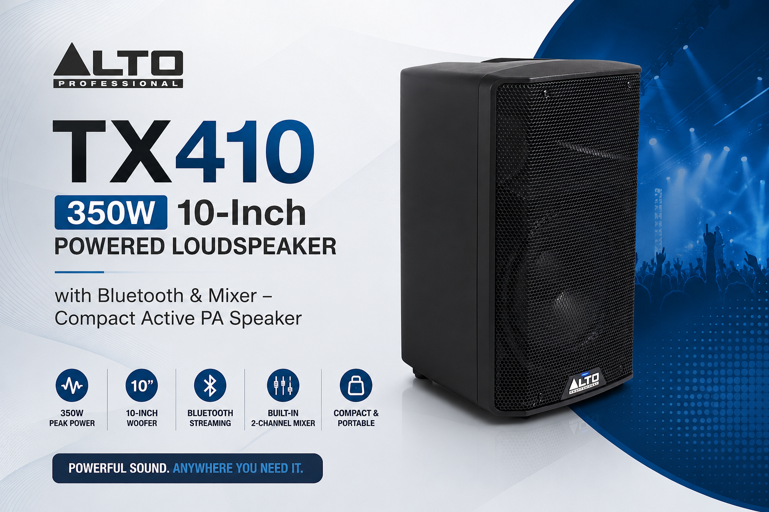 Alto TX410 350W Pembesar Suara Berkuasa 10-Inci dengan Bluetooth & Mixer 2-Saluran
