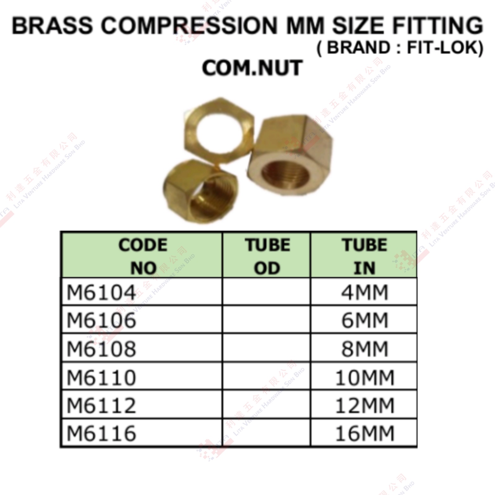 BRASS COMPRESSION MM SAIZ COM NUT - M6104 M6106 M6108 M6110 M6112 M6116