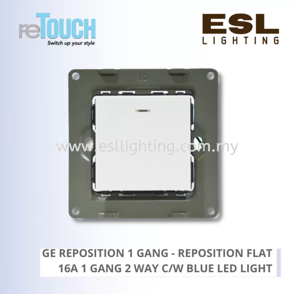 RETOUCH GRAND ELEMENTS - GE REPOSITION 1 GANG - E/SW012N-GW – REPOSITION FLAT 16A 1 GANG 2 WAY C/W BLUE LED LIGHT