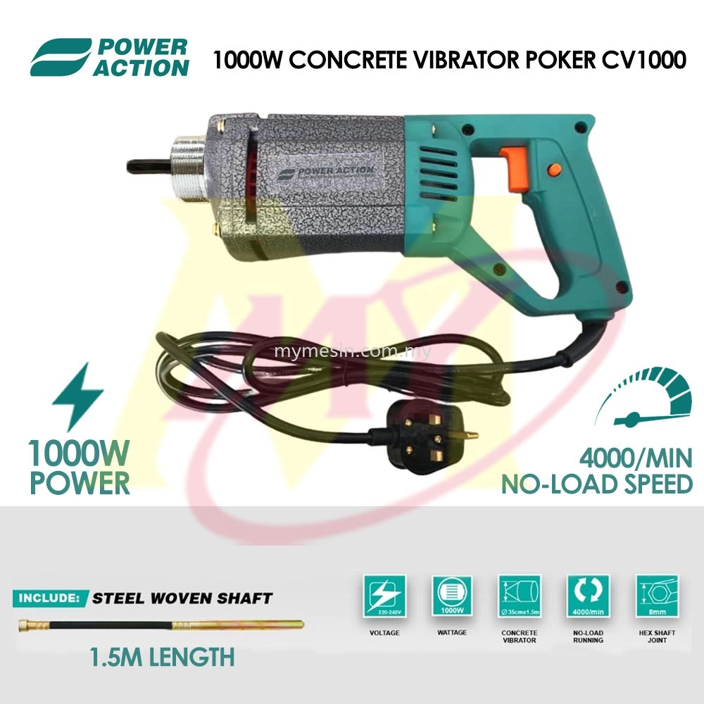 POWER ACTION CV1000 Concrete Vibrator Poker 1000W c/w 35mm x 1.5m Shaft