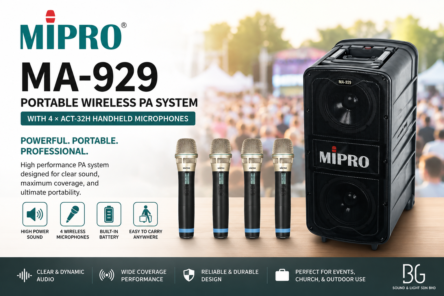 MIPRO MA-929 Portable Wireless PA System with 4 ACT-32H Handheld Microphones – High Power Speaker for Events, Church & Outdoor Use