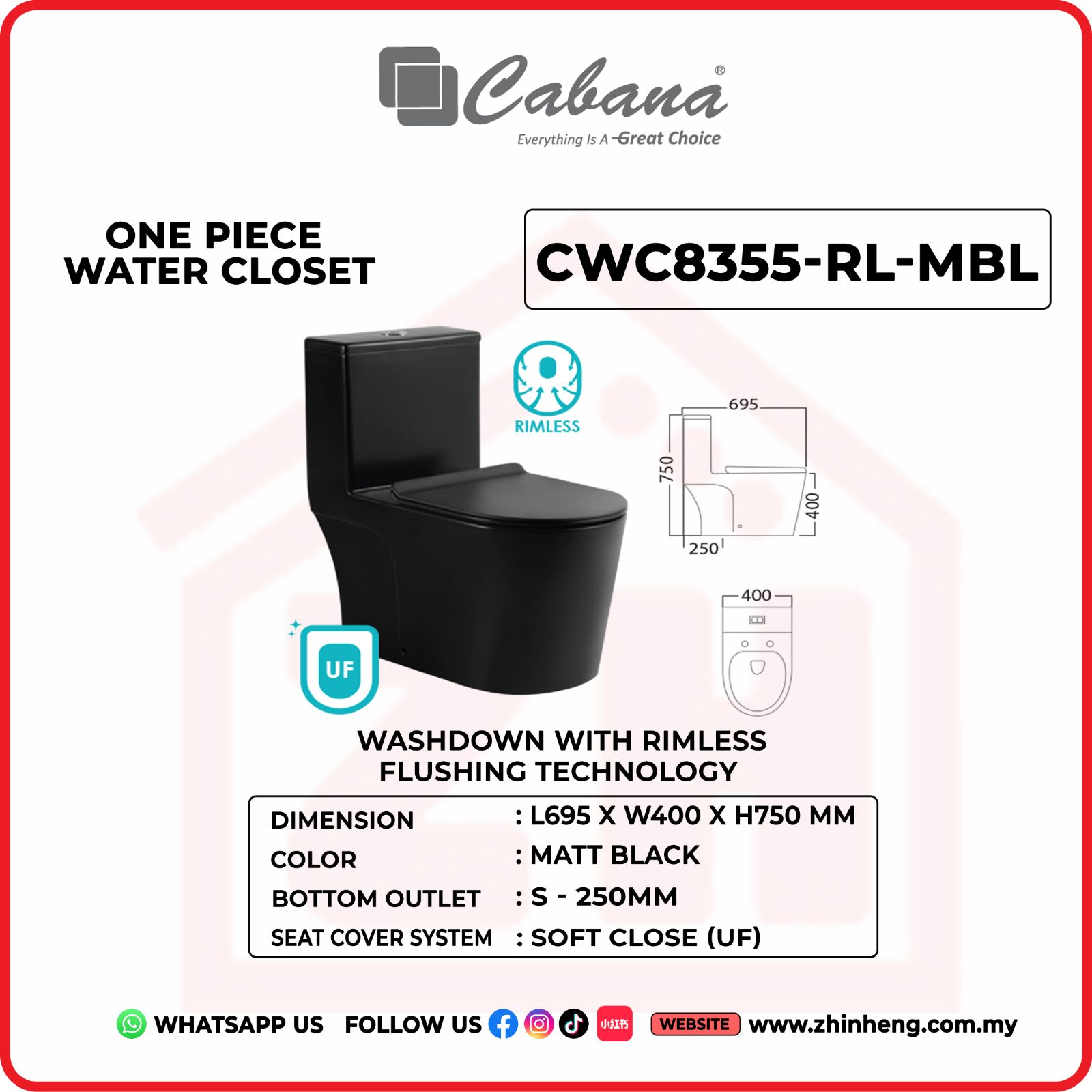Cabana CWC8355-RL-MBL One Piece Water Closet Washdown With Rimless Flushing Technology