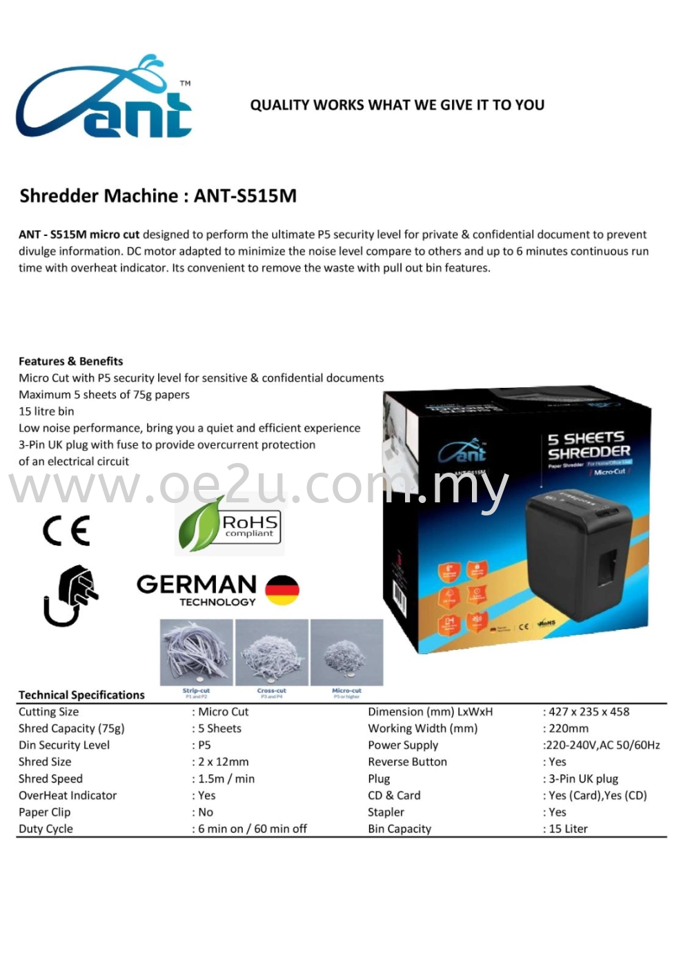 ANT-S515M Micro Cut Personal Shredder (Shred Capacity: 5 Sheets, Micro Cut: 2x12mm, Bin Capacity: 15 Liters)