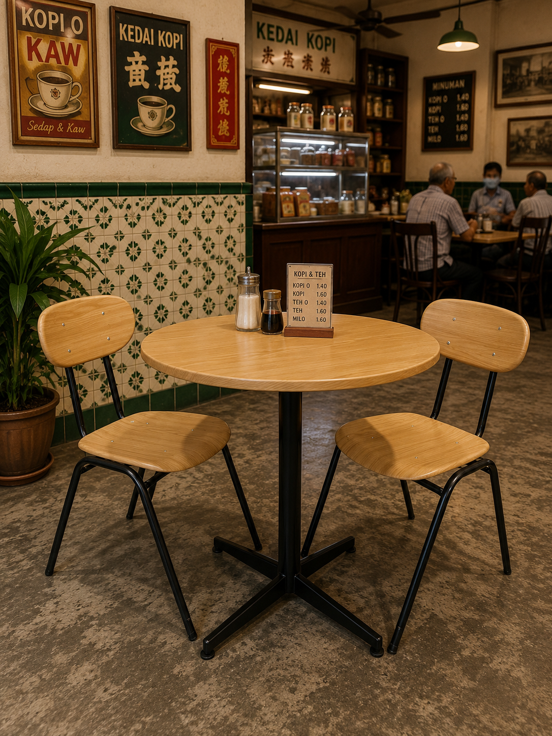 75cm Round Oak Colour Table with Rocket Leg + Wooden Chair Set