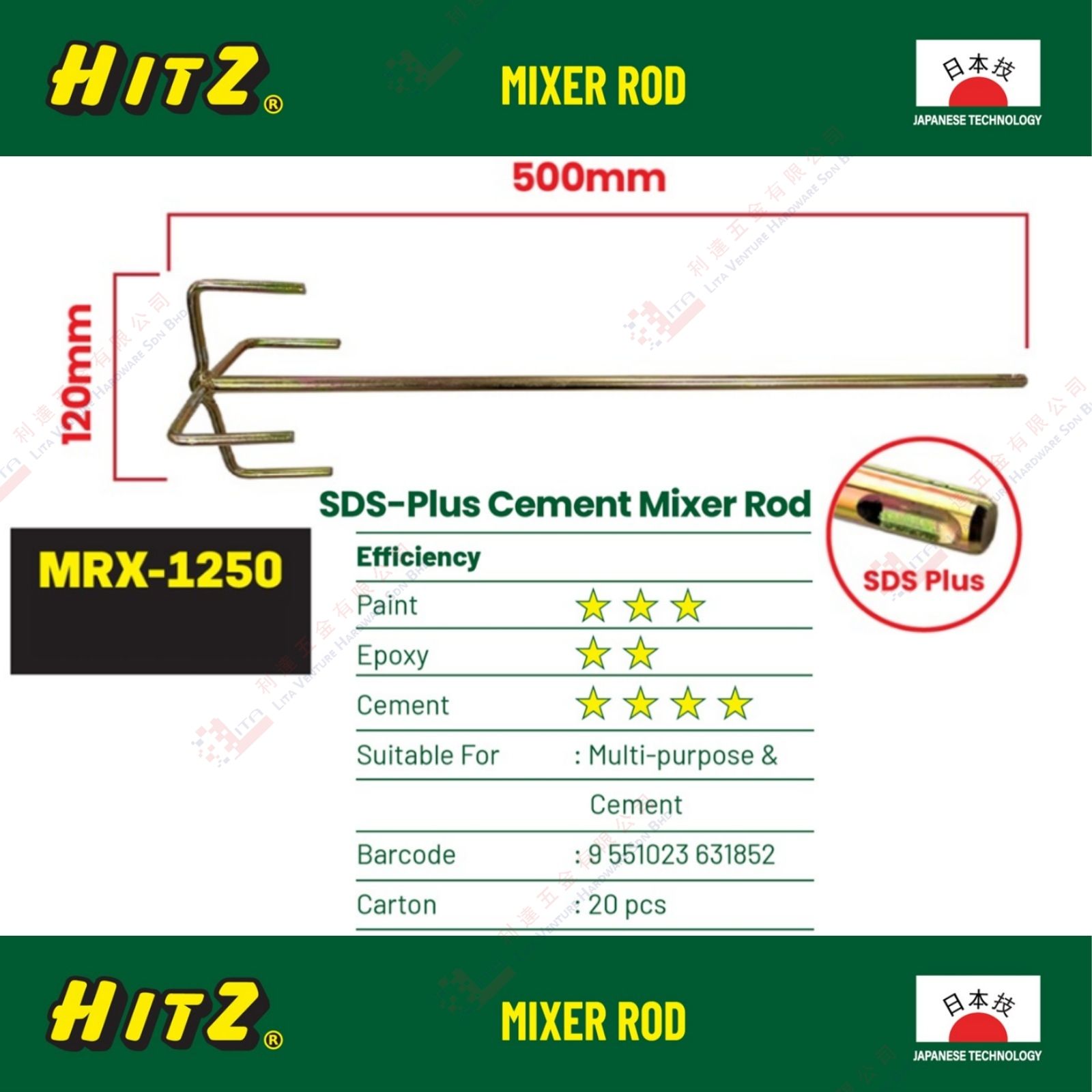 HITZ BRAND SDS PLUS CEMENT MIXER ROD - MRX1250