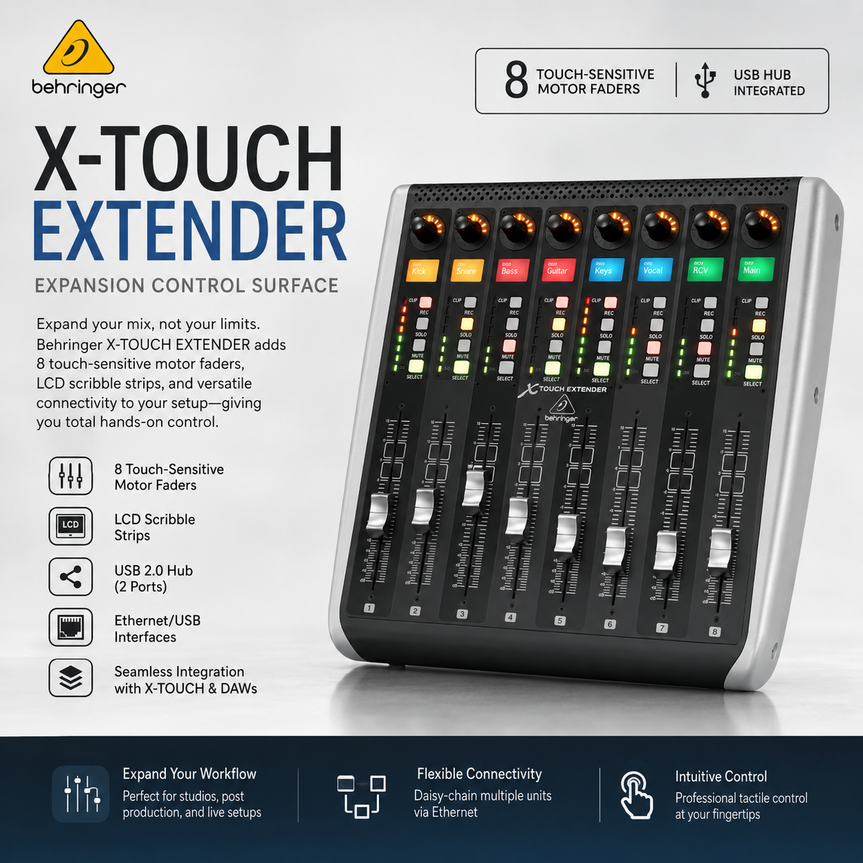 Behringer X-TOUCH EXTENDER – 扩展控制界面，配备8个触感电动推子、LCD标签显示、USB集线器及以太网/USB接口